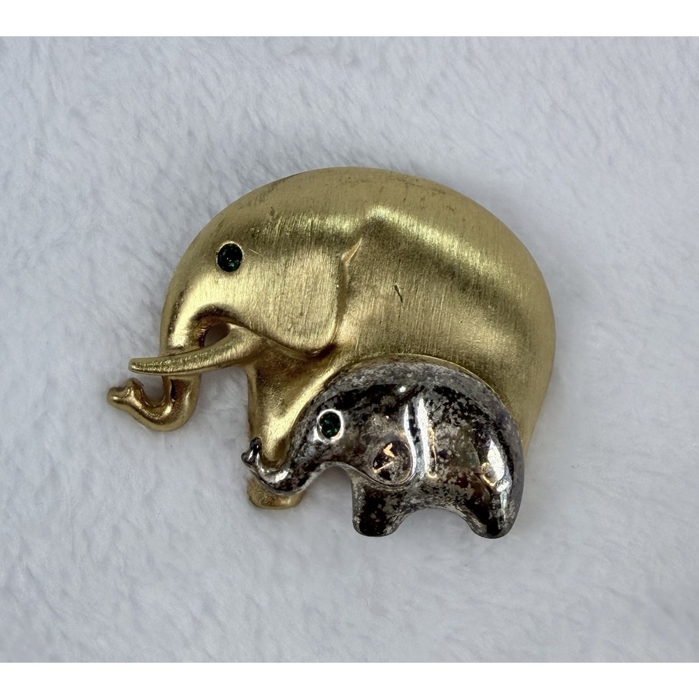 VTG Gold Tone Elephant Mother and Baby Brooch Pin Green Rhinestone Eyes